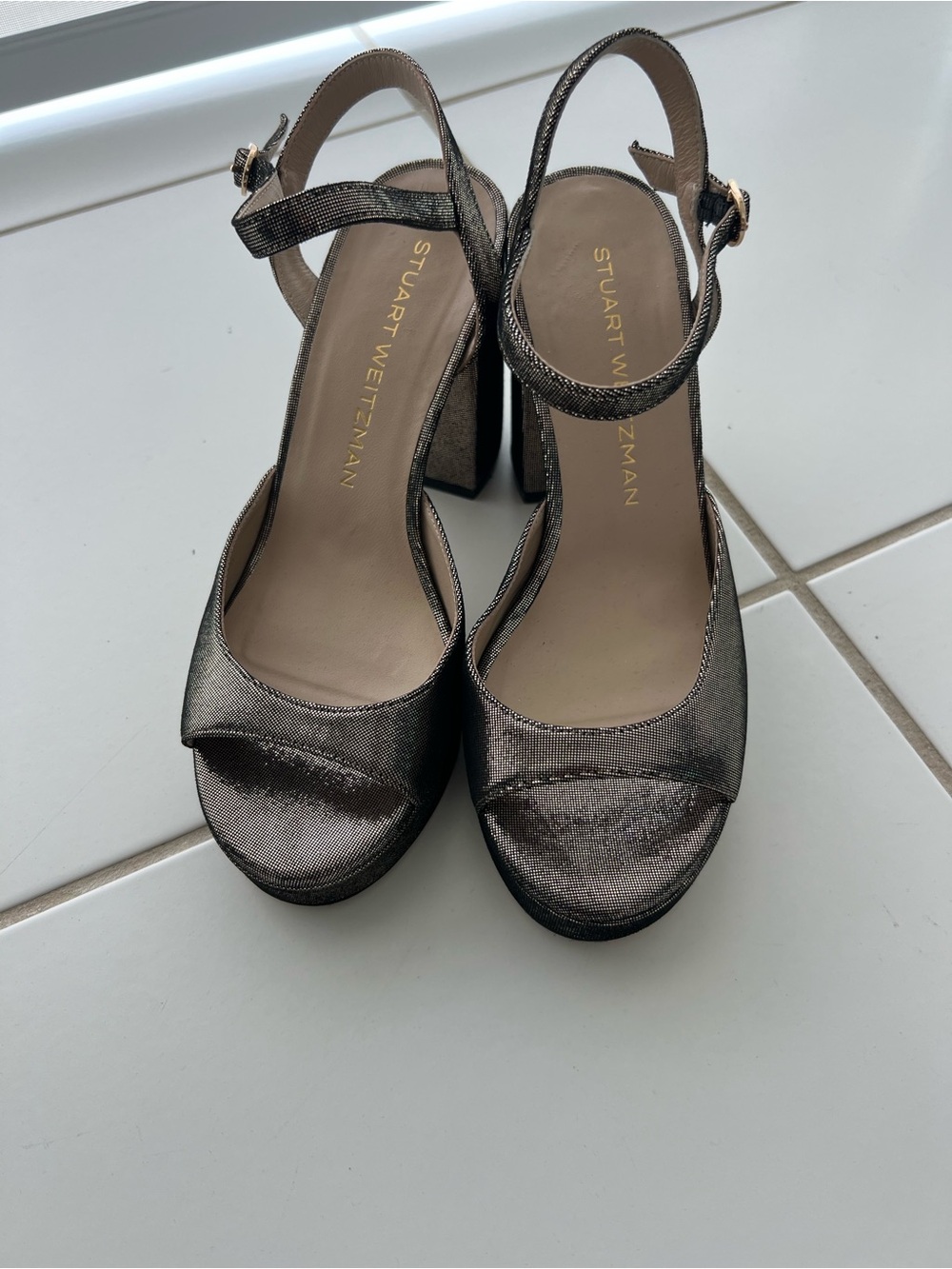 Stuart Weitzman Metallic Pewter Ankle-Strap Block Heels